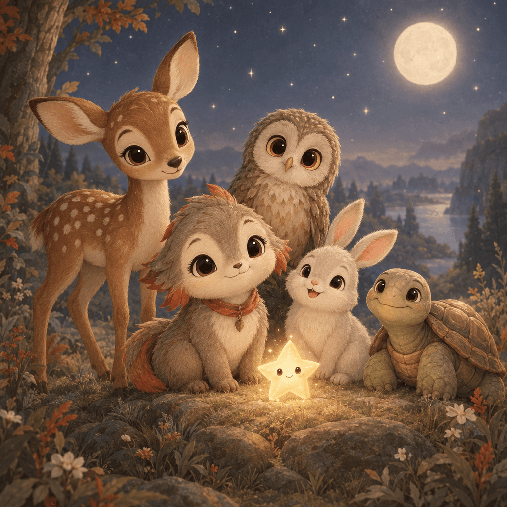 Pebblewink, Pip the glowing star, a gentle fawn, a cheerful bunny, a wise owl, and a kind turtle together in a storybook character lineup.